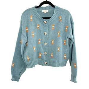 Listicle Blue Button Front Cardigan with Floral Design & Pockets Women's Small